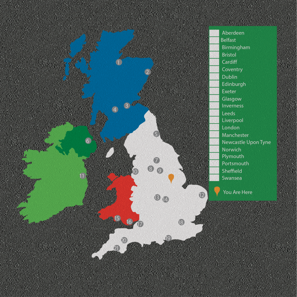British Isles Map with Cities - Multi-Coloured Markings By Thermmark